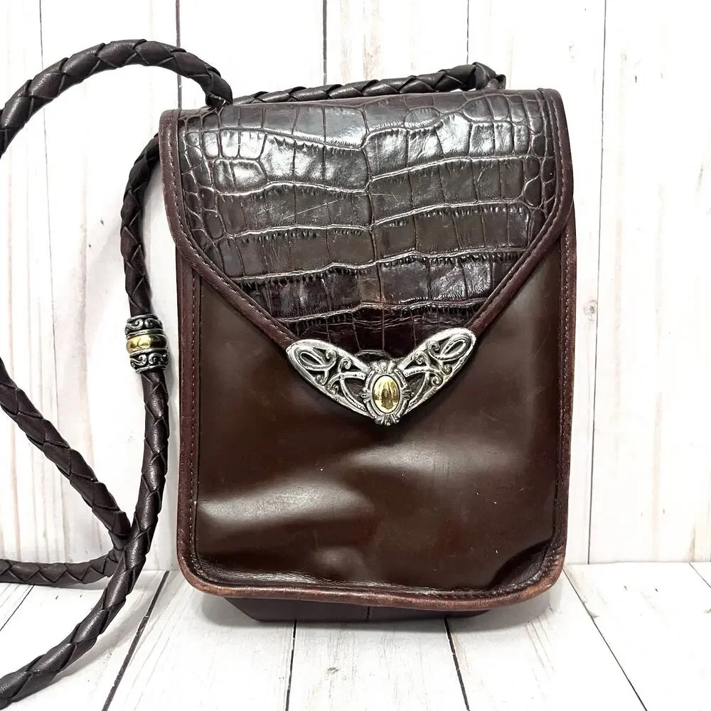 Brighton Vintage Croc Leather Crossbody Boho Western Festival Bag Heart Charm